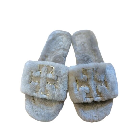 Tory Burch Double T Gray Shearling Slides, Size 7.5 - Picture 3 of 9